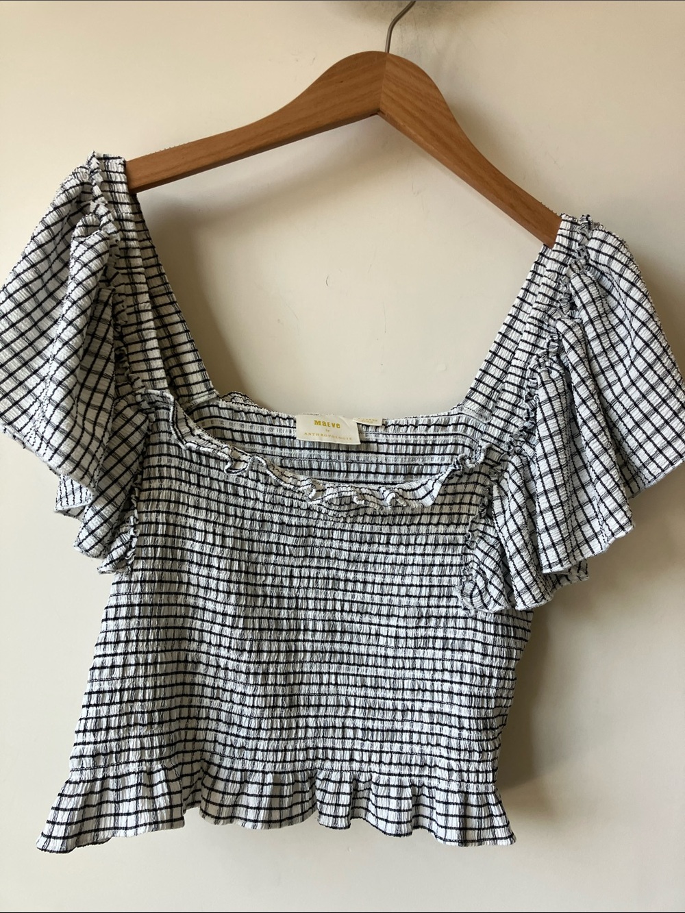 MAEVE Crinkle Black + White Gingham Smocked Crop Top Off-Shoulder Size XL EUC